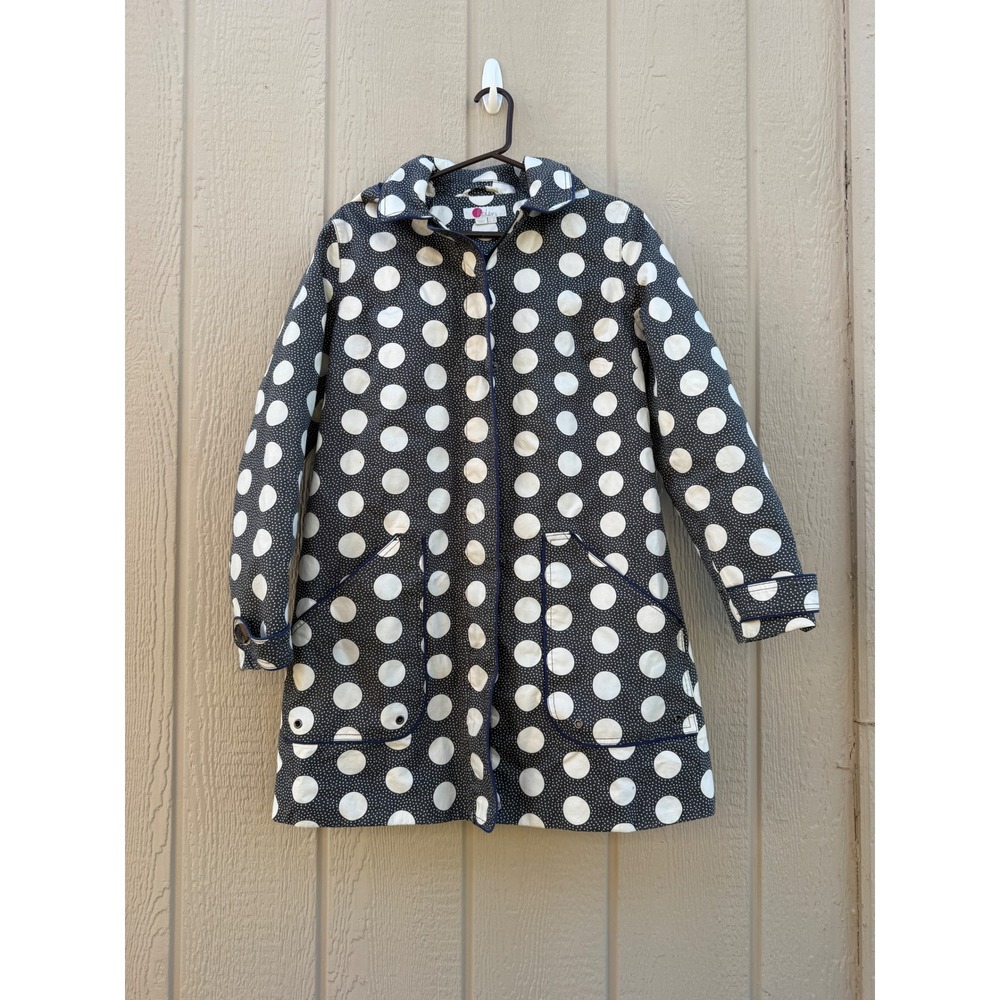 Boden 10R Polka Dot Mac Coat Preppy Navy White Cotton Hooded Quilted Lining